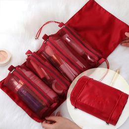 Waterproof Women Makeup Bag Foldable Toiletries Organizer Separable Cosmetic Bag For Girls Makeup Cases Outdoor Travel Storage (Color: Red)
